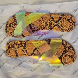 NWT, CHASE +  CHLOE IRMA-4 ORANGE SNAKE SANDALS, SIZE 7